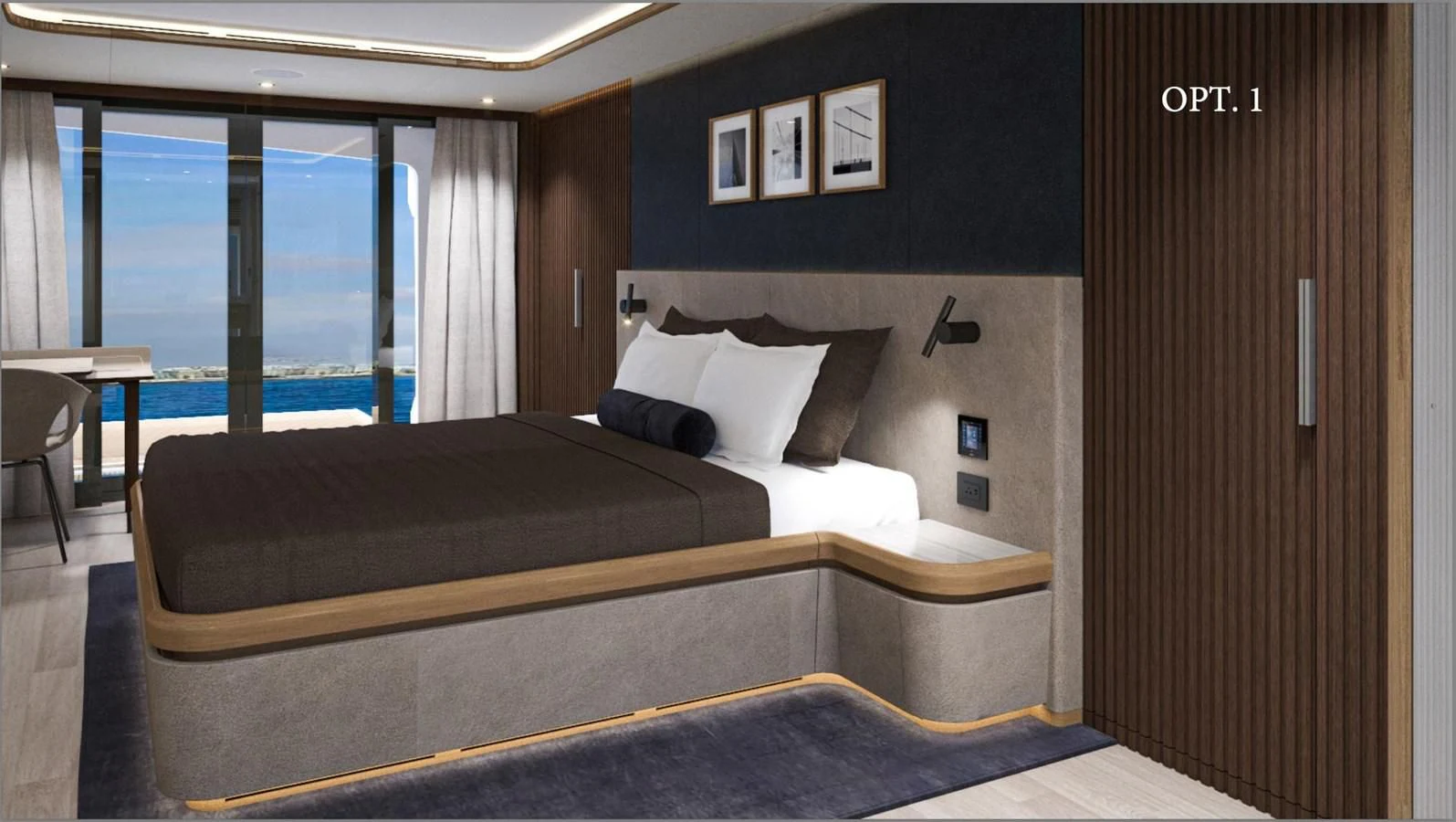 a bed in a room aboard 2024 LAZZARA LPC 300 Yacht for Sale