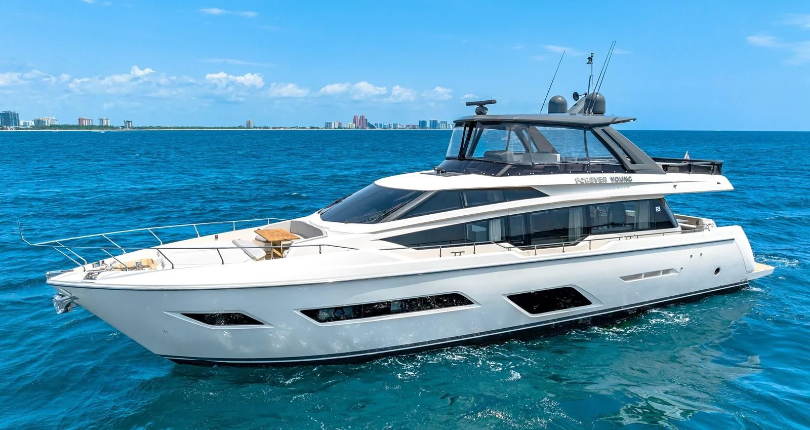 a white yacht in the water aboard SUNSATION Yacht for Sale