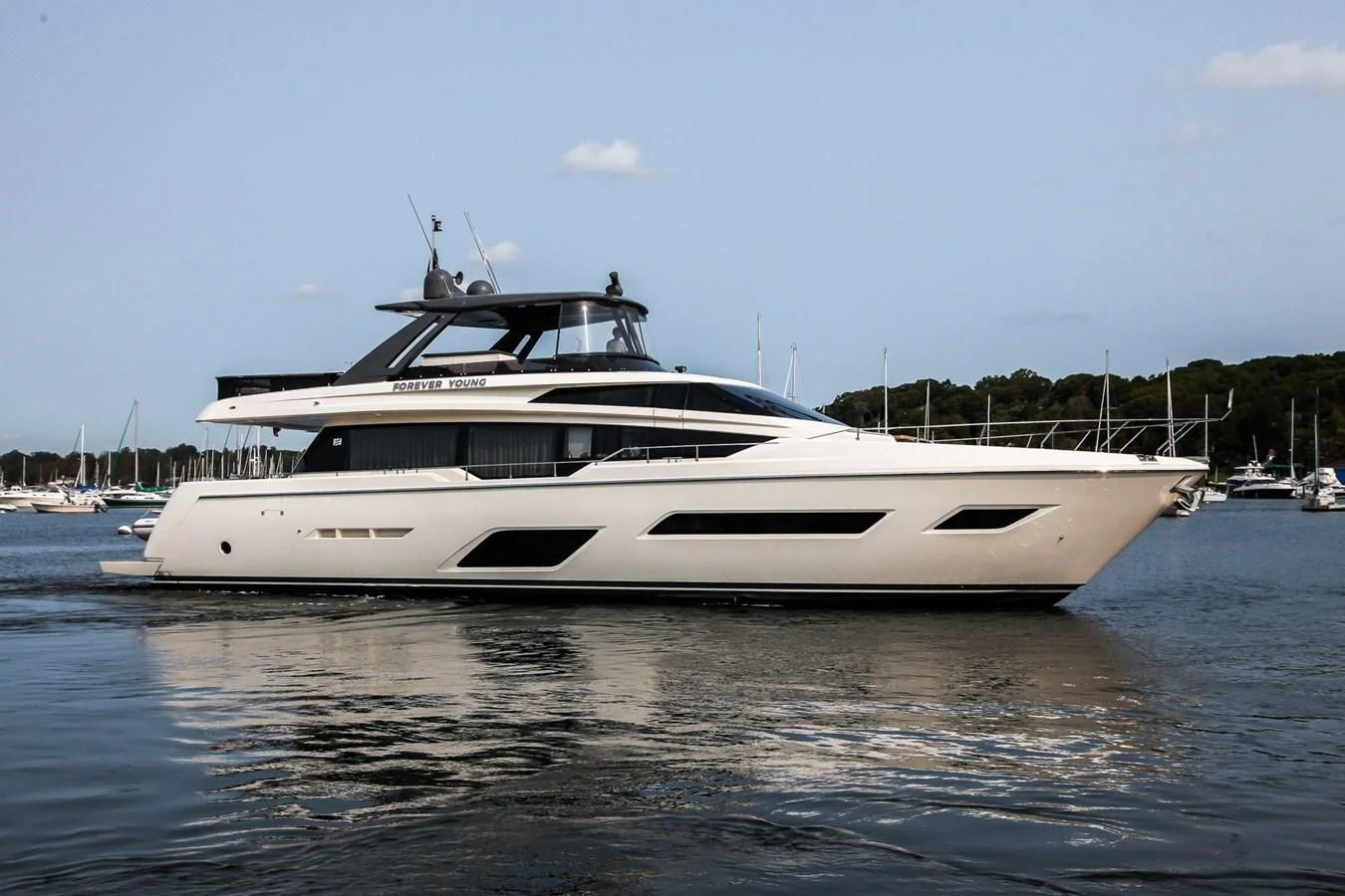 a white yacht in the water aboard SUNSATION Yacht for Sale
