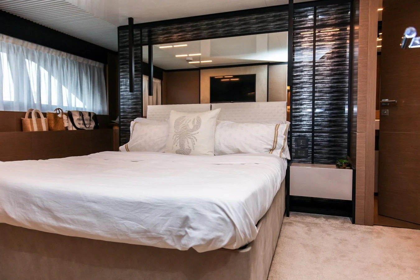 a bed in a room aboard SUNSATION Yacht for Sale