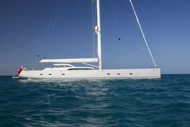a white boat in the water aboard UNFURLED Yacht for Sale