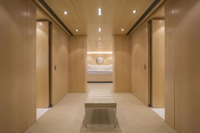 a hallway with doors aboard UNFURLED Yacht for Sale