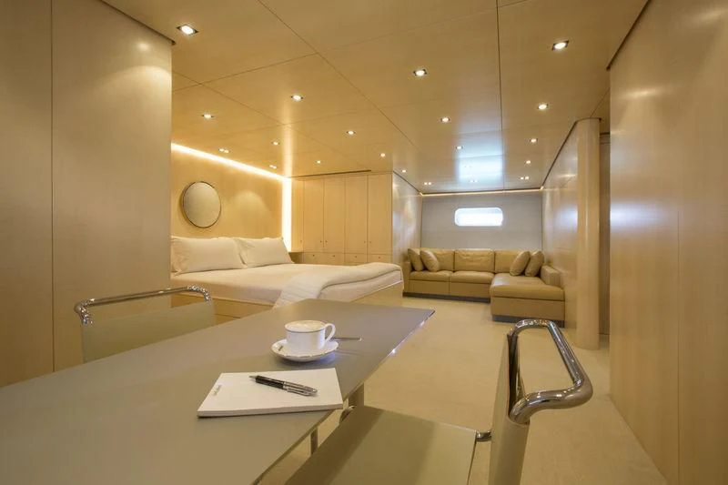 a modern looking living room aboard UNFURLED Yacht for Sale