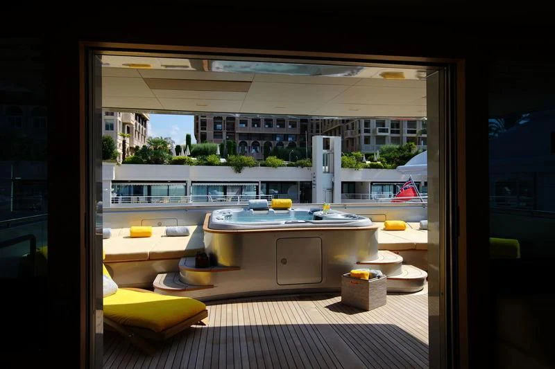 a kitchen with a large window aboard FALCO MOSCATA Yacht for Sale