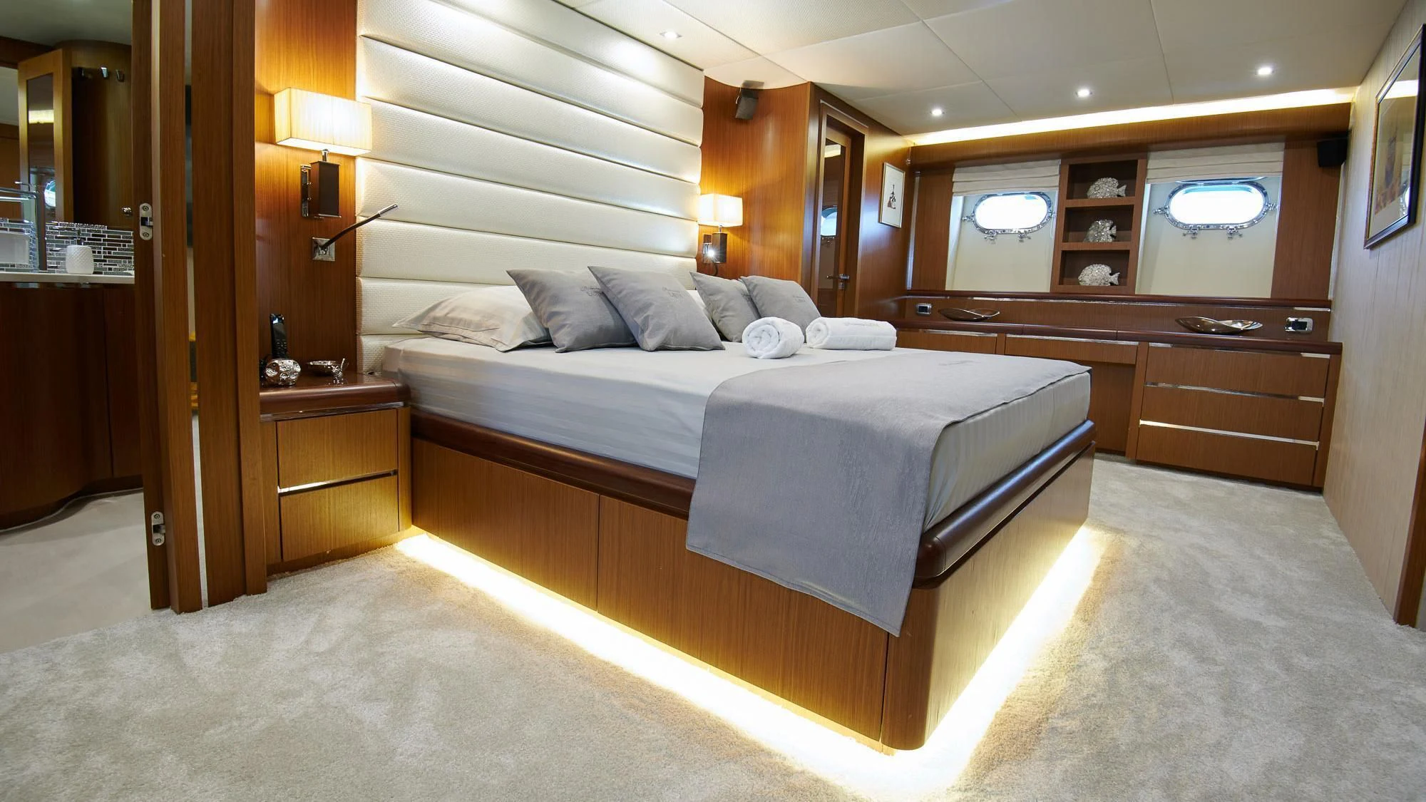 a large bed in a room aboard PRINCESS LONA Yacht for Sale