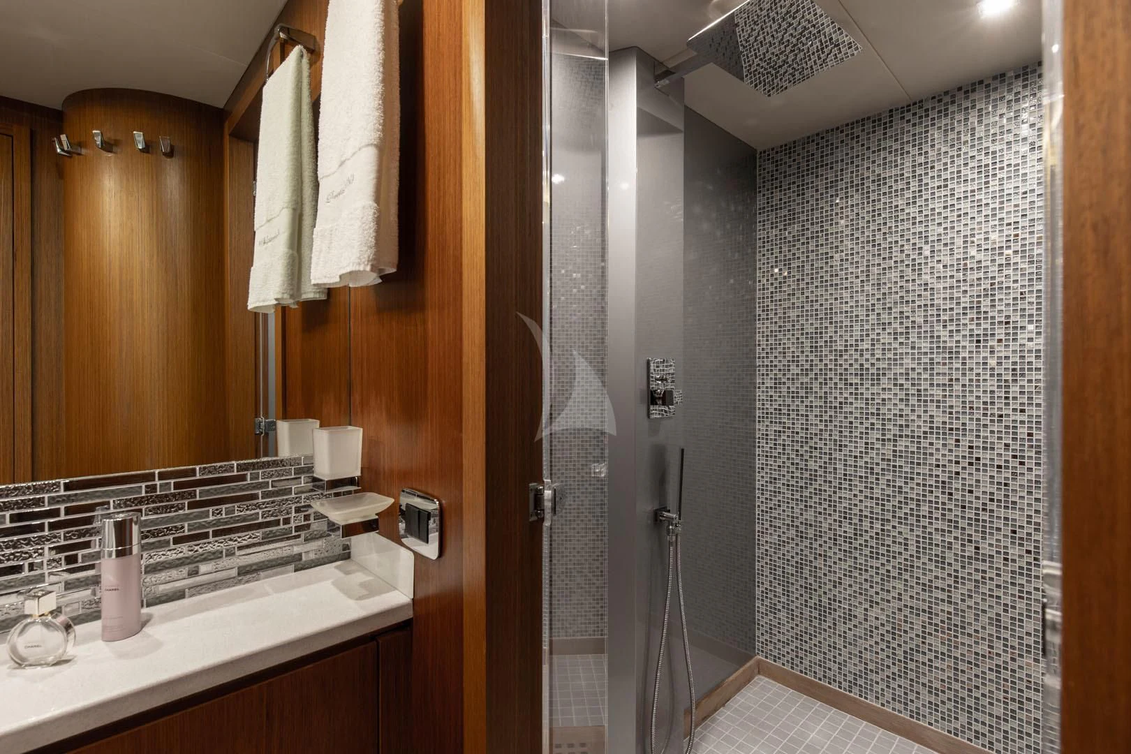 a bathroom with a shower unit and sink aboard PRINCESS LONA Yacht for Sale
