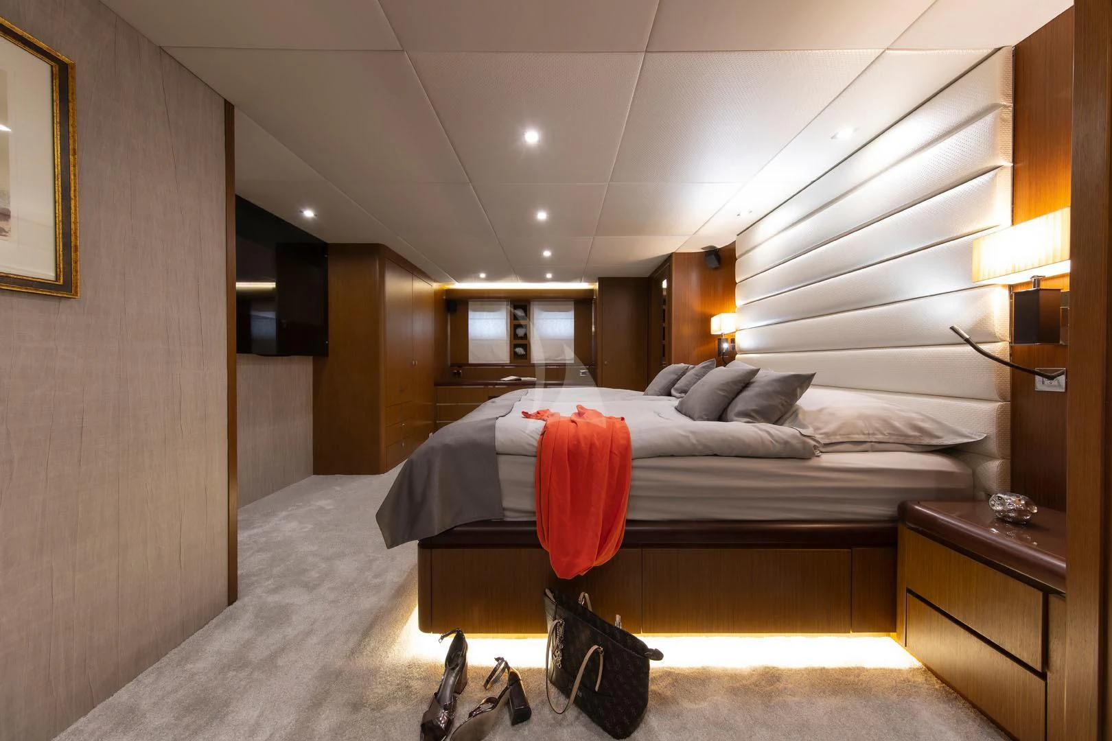 a bed in a room aboard PRINCESS LONA Yacht for Sale