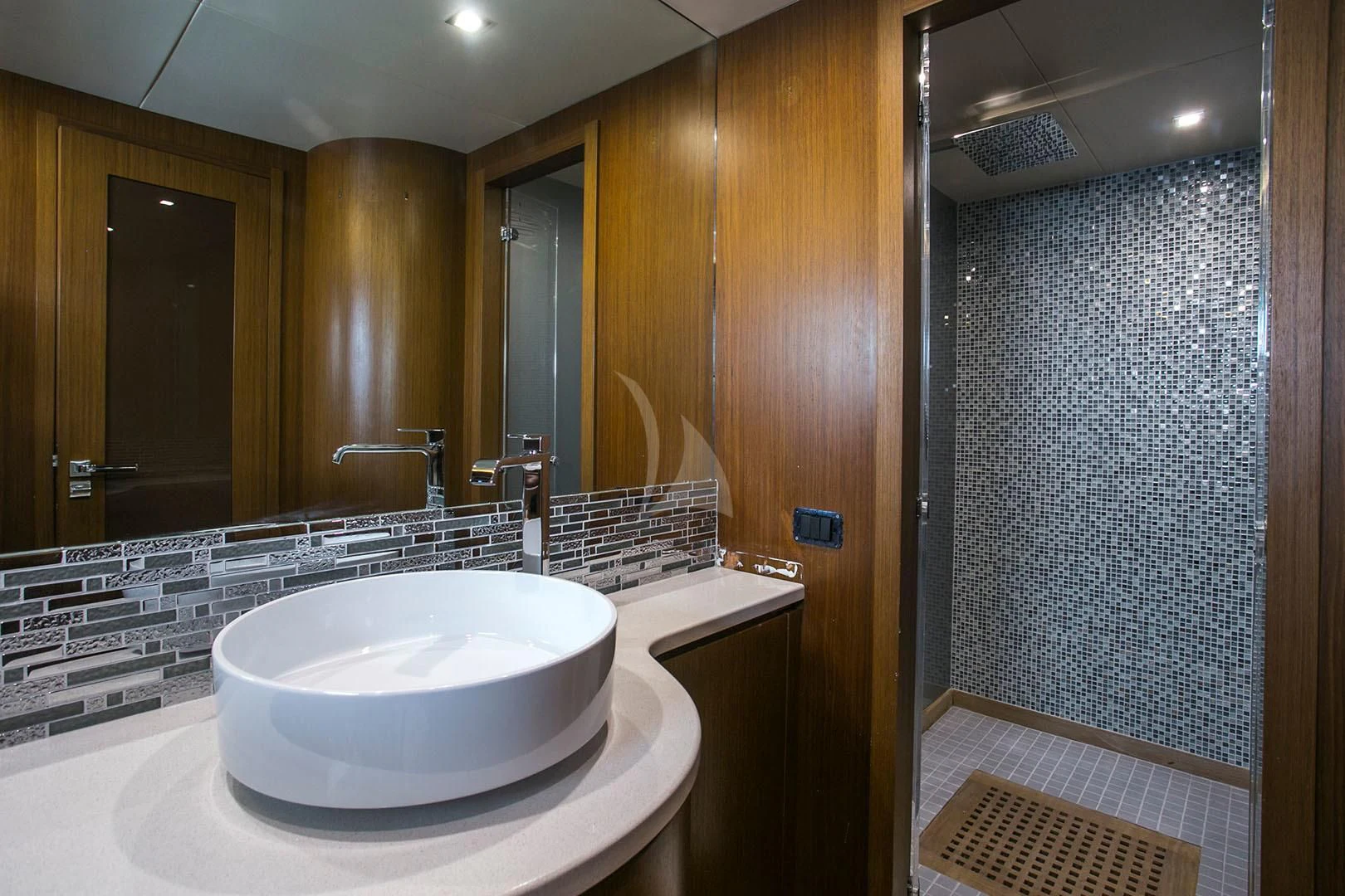 a bathroom with a sink and a mirror aboard PRINCESS LONA Yacht for Sale