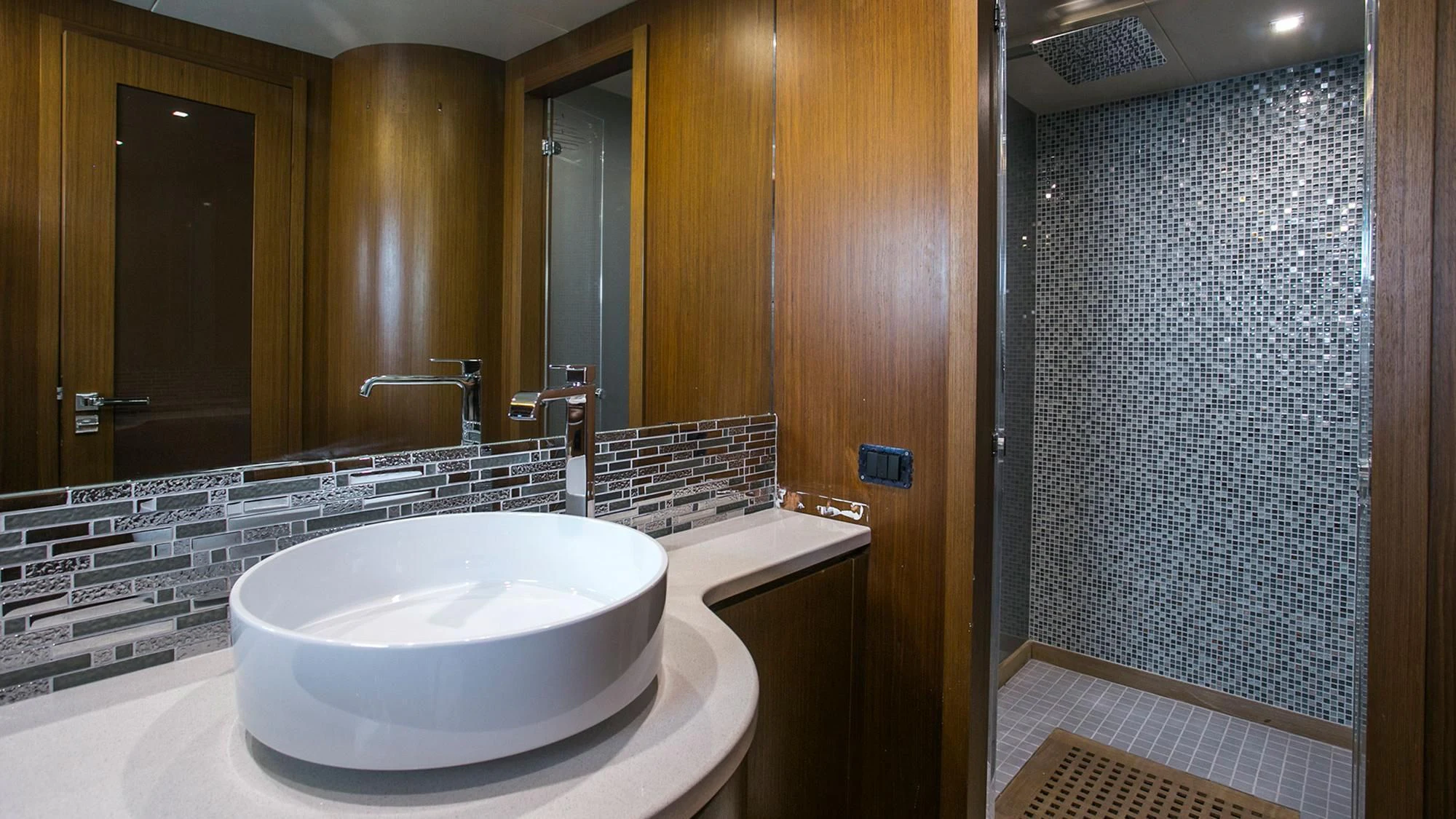 a bathroom with a sink and a shower aboard PRINCESS LONA Yacht for Sale