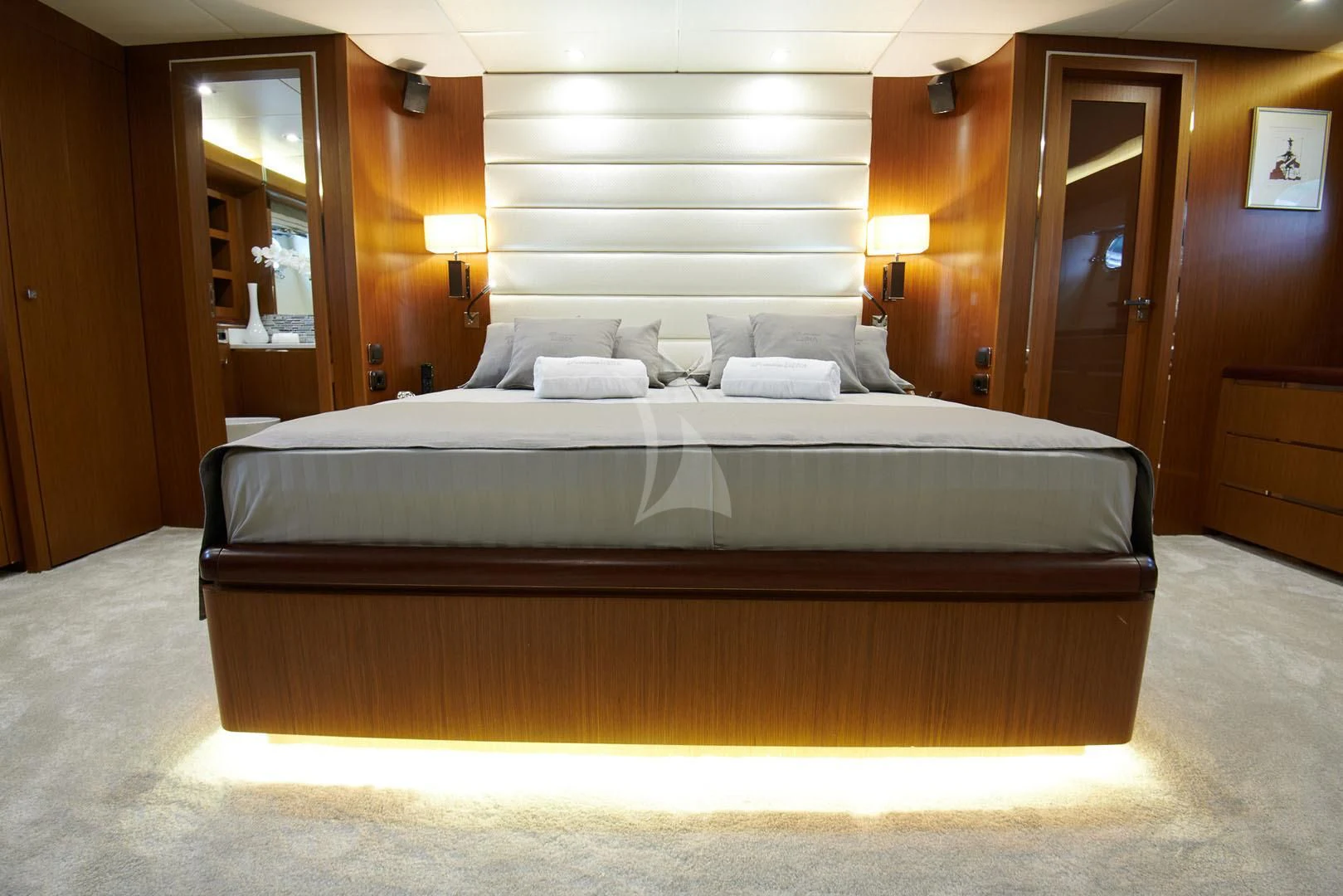 a bed in a room aboard PRINCESS LONA Yacht for Sale