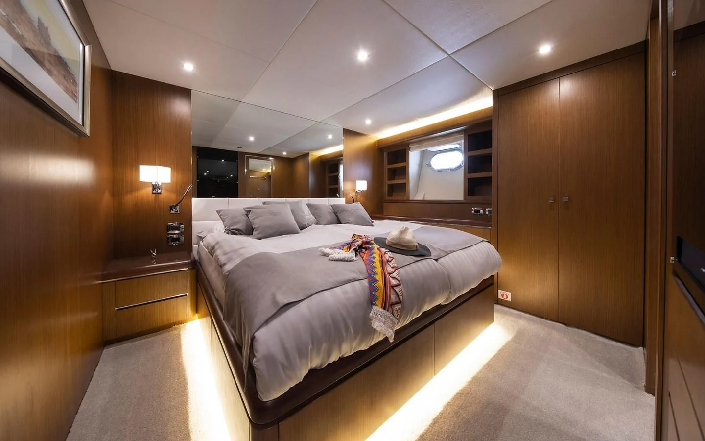 a bed in a room aboard PRINCESS LONA Yacht for Sale