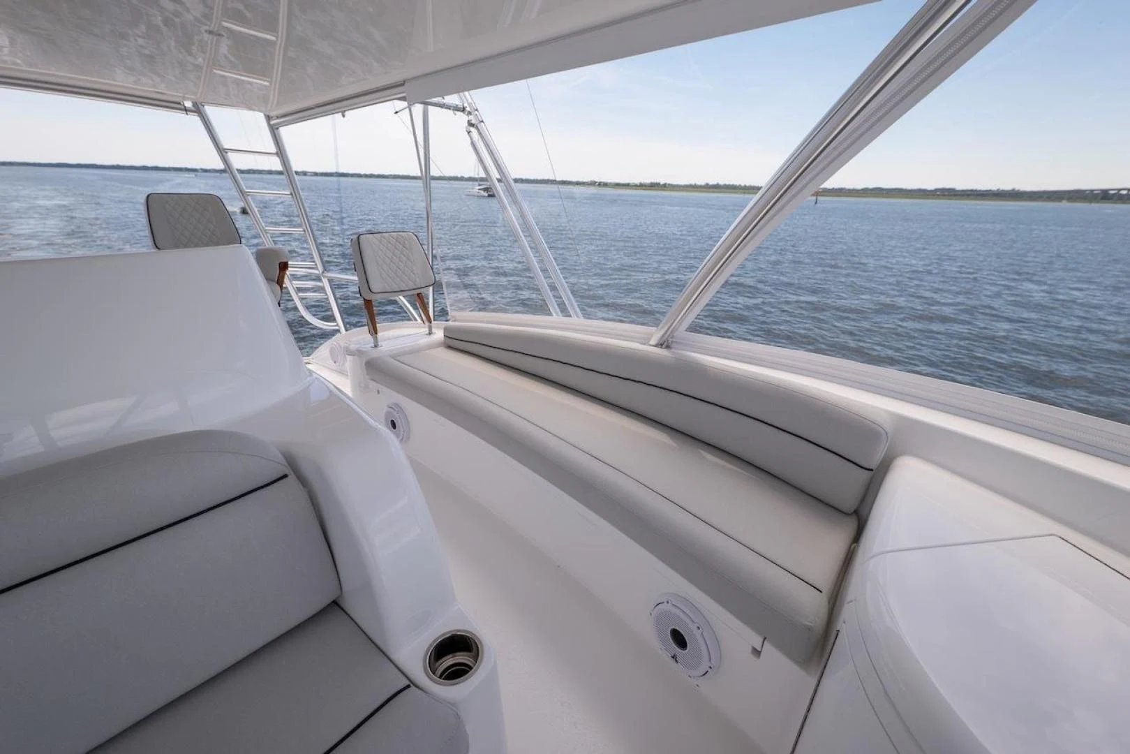 a boat with a seat and a seat on the front aboard GAME ON Yacht for Sale