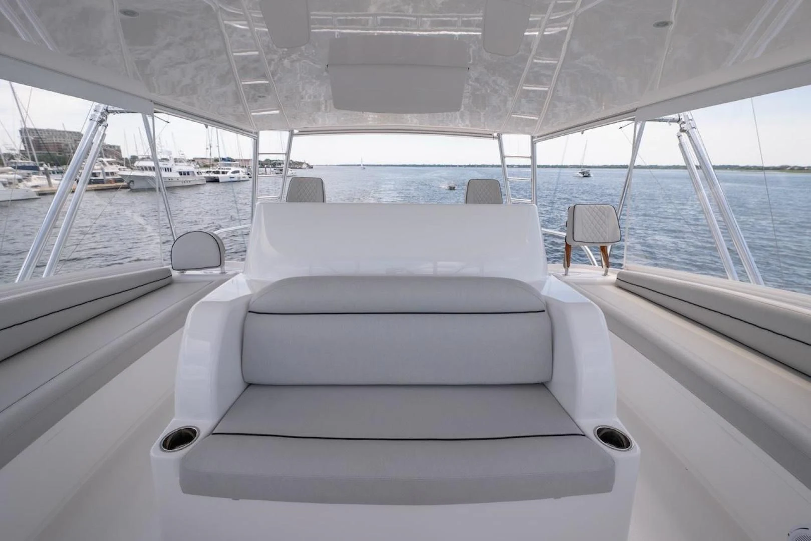 a white chair on a boat aboard GAME ON Yacht for Sale