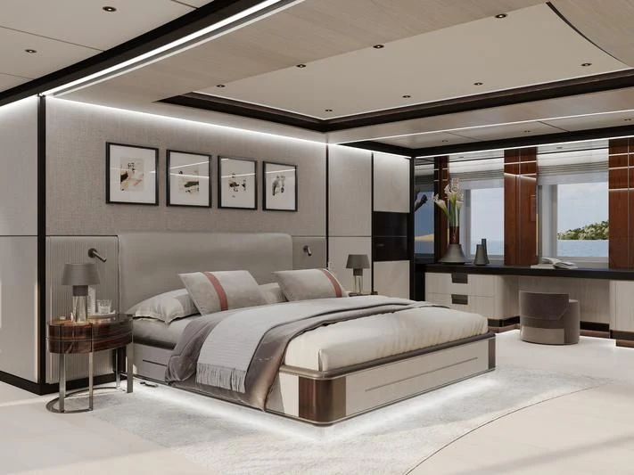a large white bed in a room aboard SOLEMATES Yacht for Sale