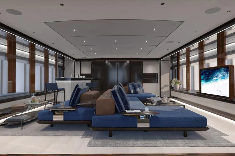 a room with a couch and a tv aboard SOLEMATES Yacht for Sale