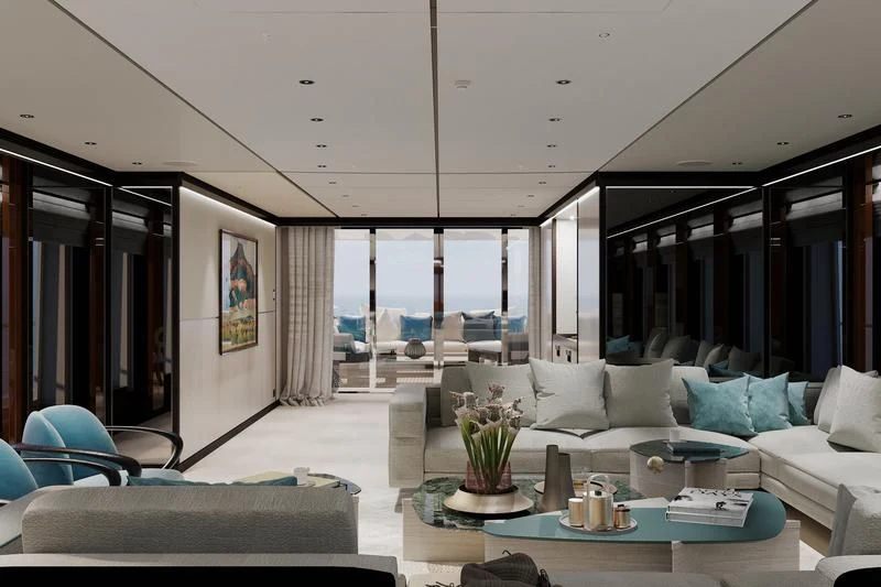 a living room with a large window aboard SOLEMATES Yacht for Sale