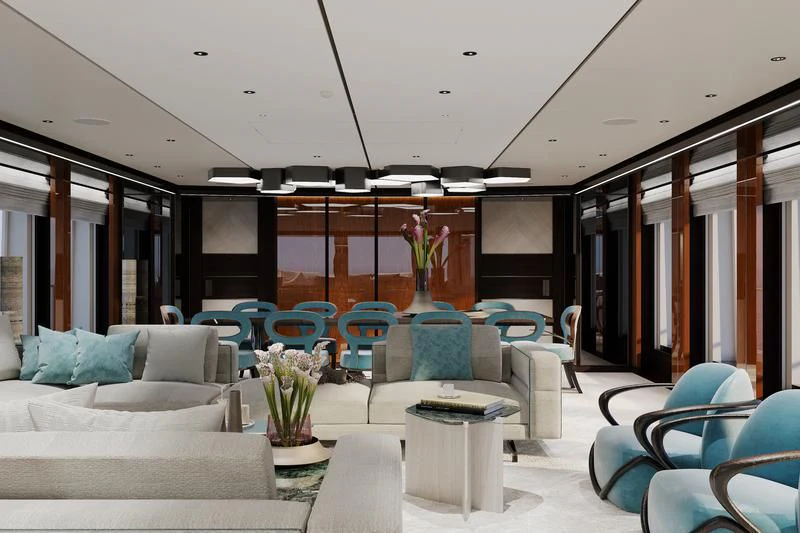 a room with a couch and chairs aboard SOLEMATES Yacht for Sale