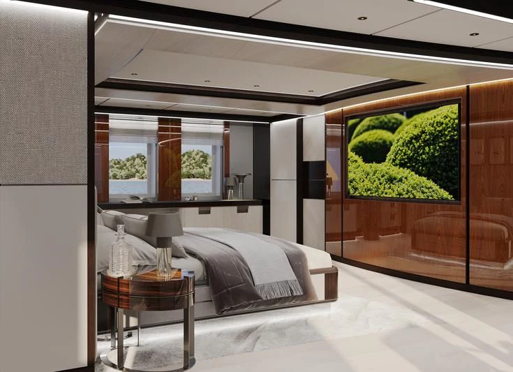 a room with a bed and a table and a painting on the wall aboard SOLEMATES Yacht for Sale