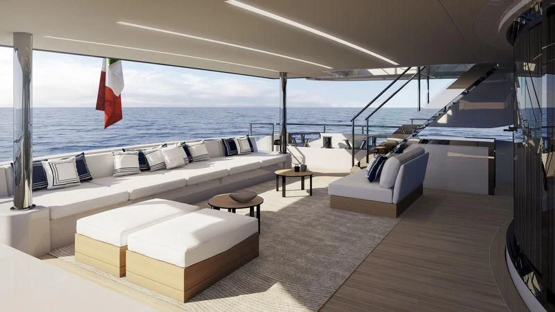 a room with a large bed and a large window aboard DONNA SANTA DUE Yacht for Sale
