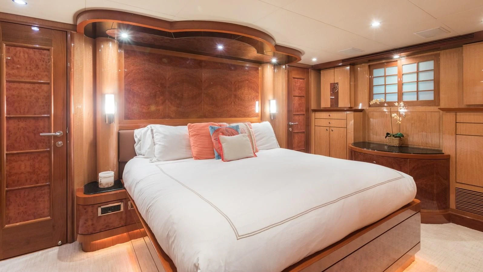 a bed in a room aboard SOMEWHERE IN TIME Yacht for Sale