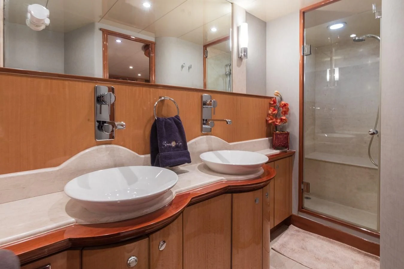a bathroom with two sinks aboard SOMEWHERE IN TIME Yacht for Sale