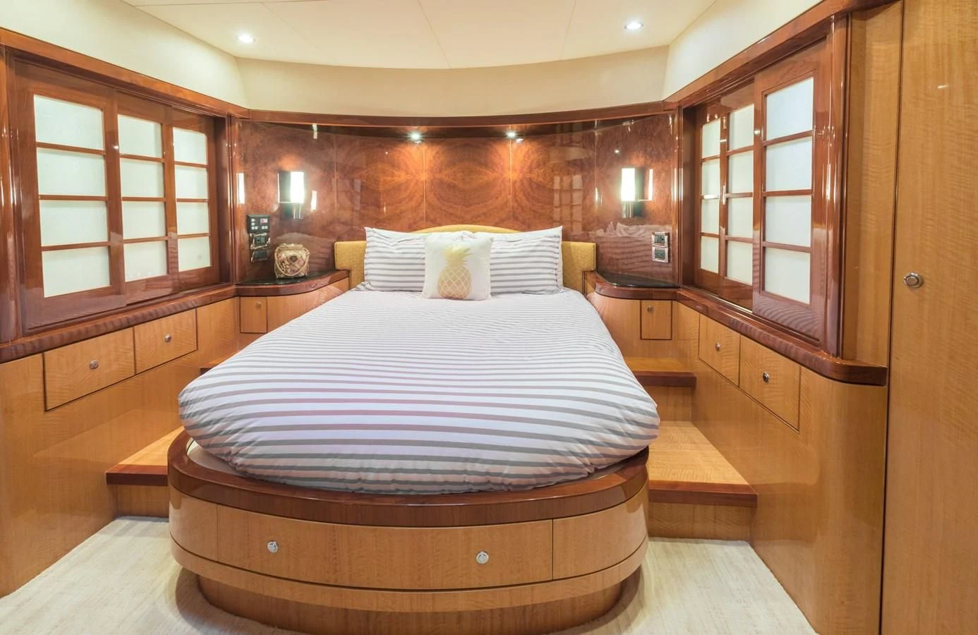 a bed in a room aboard SOMEWHERE IN TIME Yacht for Sale