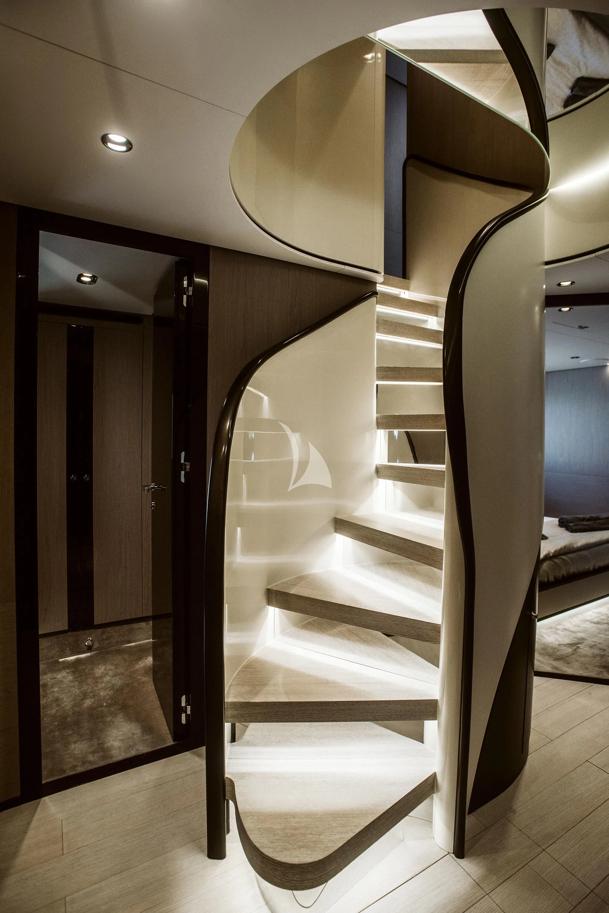 a staircase in a room aboard AGIO Yacht for Charter