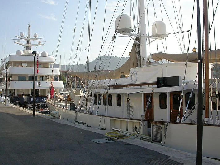 a boat docked at a pier aboard EL BOUGHAZ I Yacht for Sale