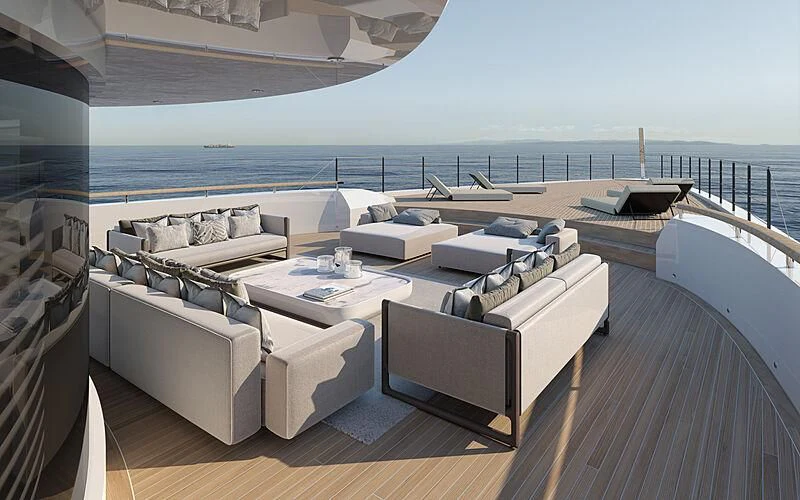 a room with a couch and a table on a boat aboard LADY A Yacht for Sale