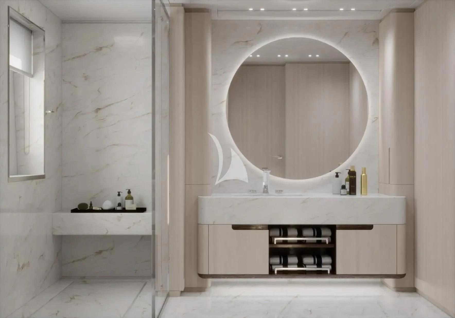 a white room with a fireplace aboard LADY A Yacht for Sale