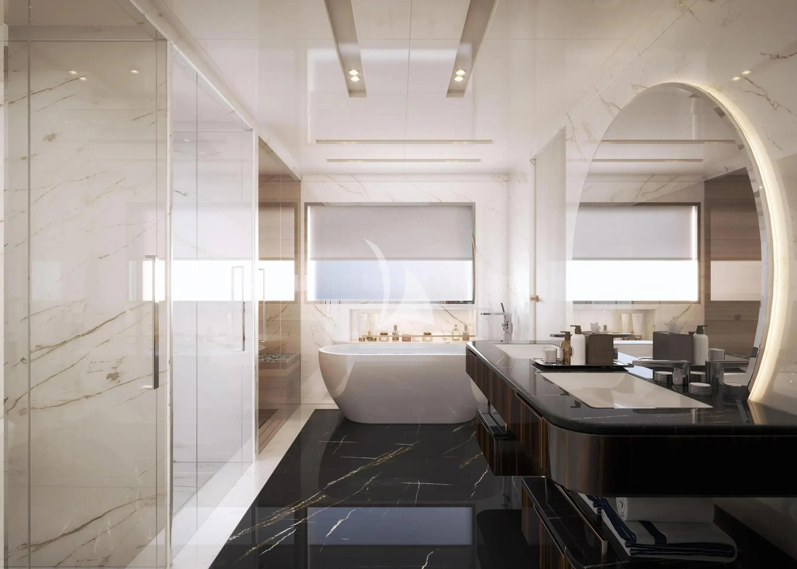 a bathroom with a large tub aboard LADY A Yacht for Sale