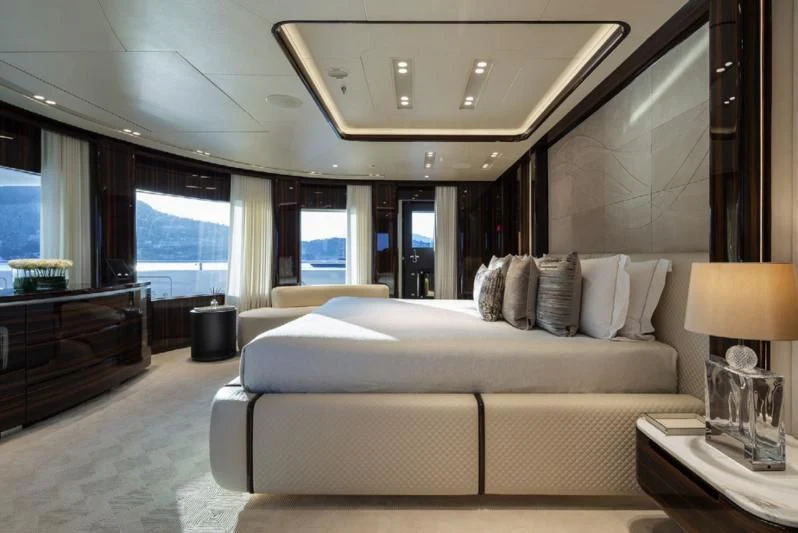 a living room with a large window aboard LADY A Yacht for Sale