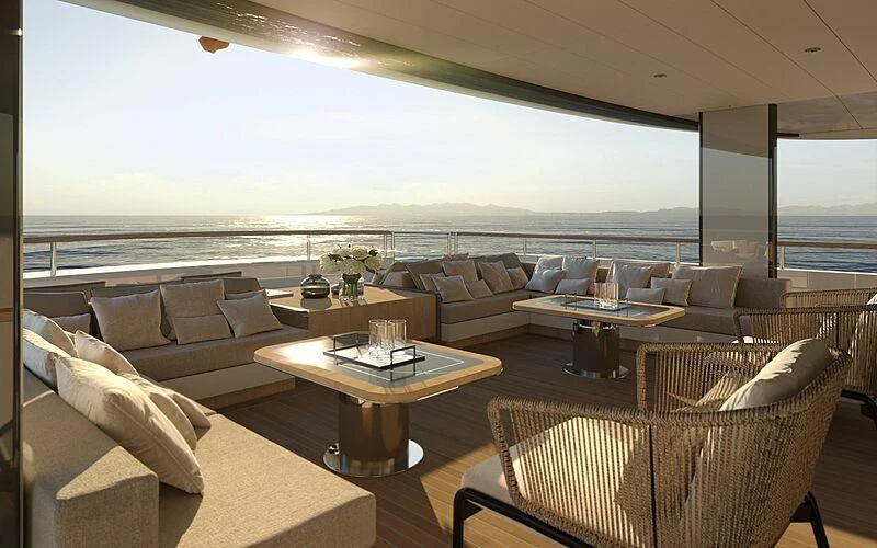 a living room with a large window aboard LADY A Yacht for Sale