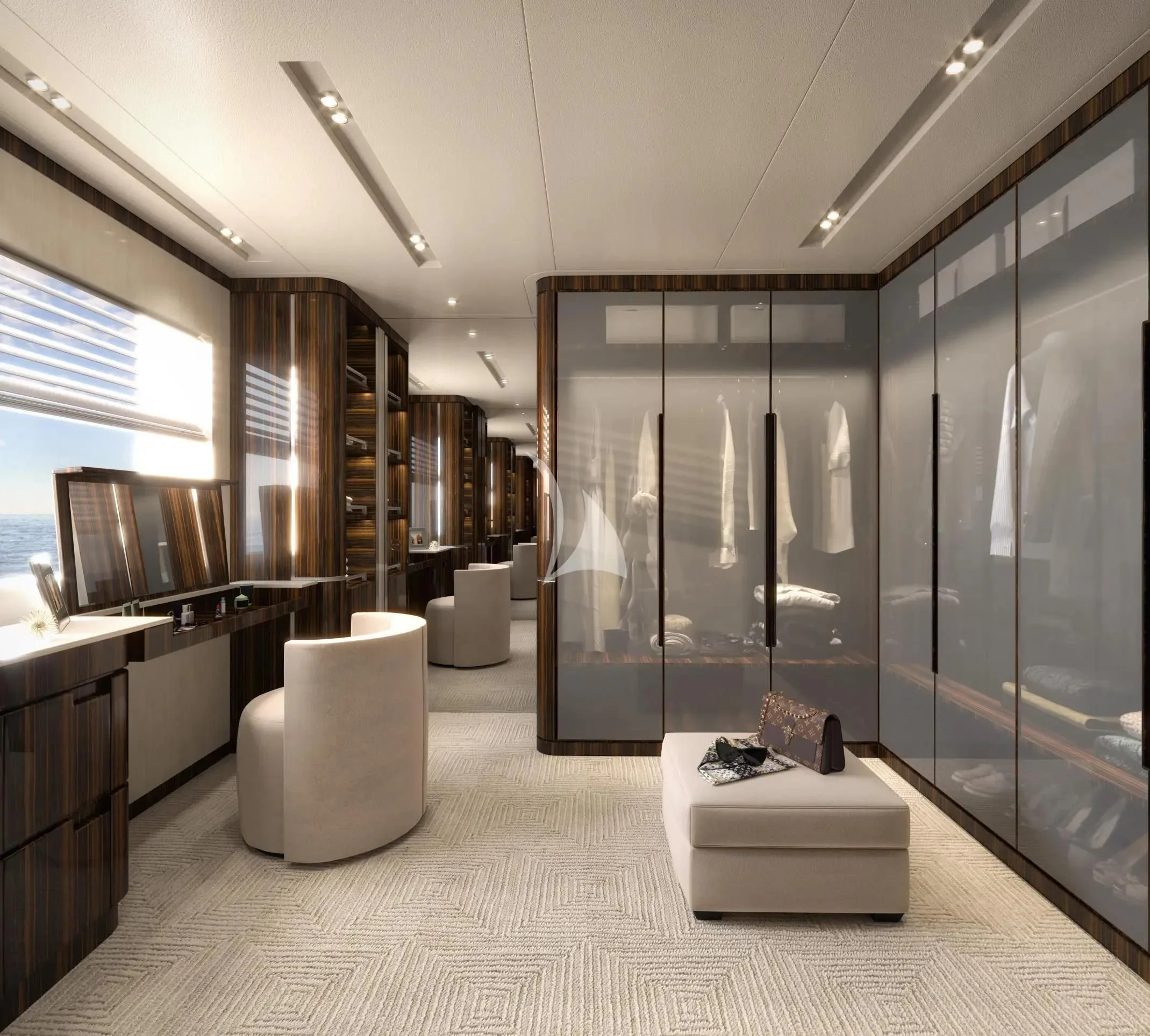 a large bathroom with a glass shower aboard LADY A Yacht for Sale