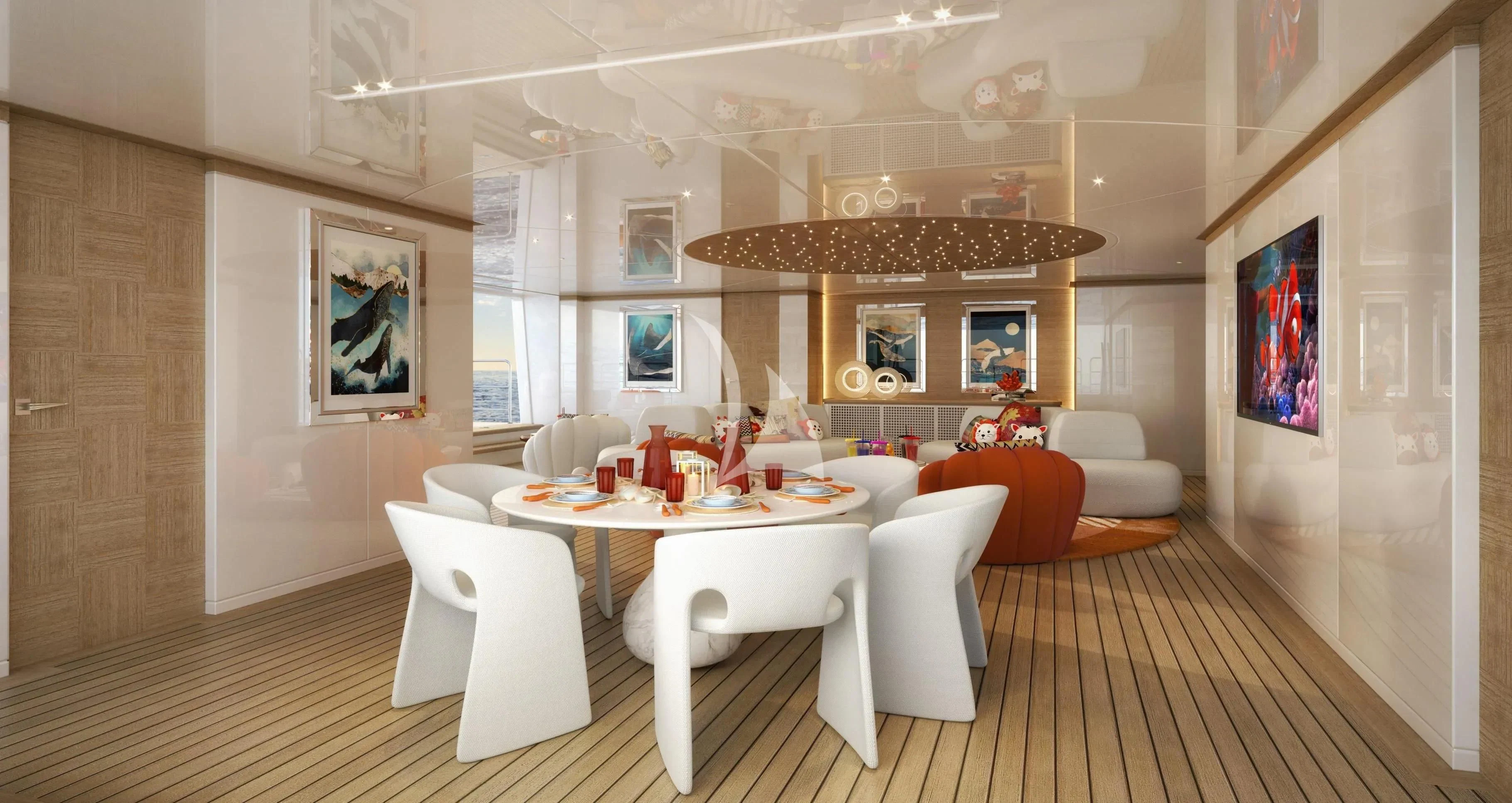 a dining room with a table and chairs aboard LADY A Yacht for Sale