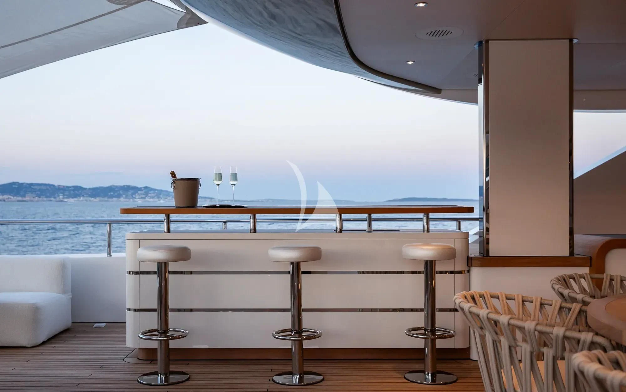 a room with a large window overlooking the ocean aboard LADY A Yacht for Sale