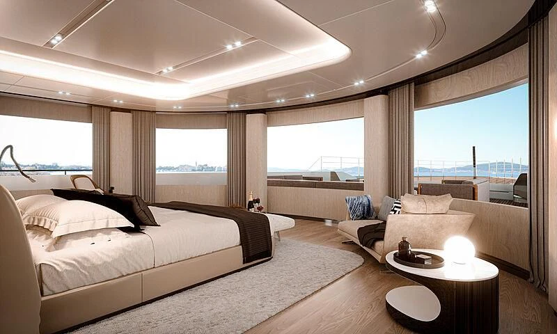 a room with a bed and a couch aboard LADY A Yacht for Sale