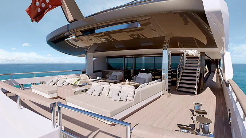 a large lounge area with a large balcony overlooking the ocean aboard LADY A Yacht for Sale