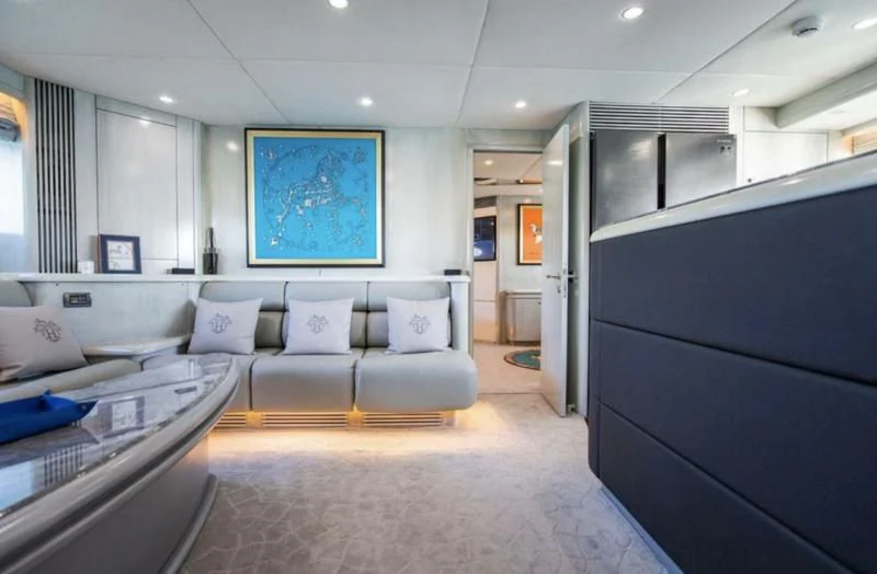 a living room with a large blue screen aboard UD30 Yacht for Sale