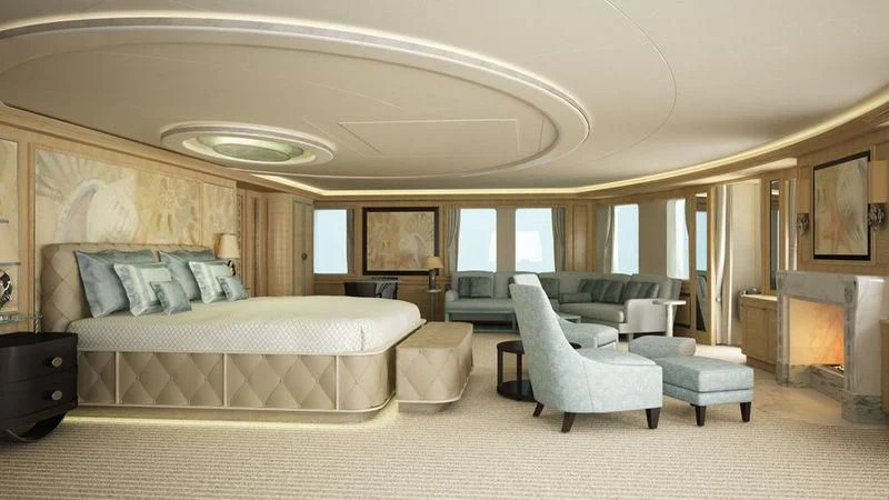 a large living room with a large bed and a large window aboard DREAM Yacht for Sale