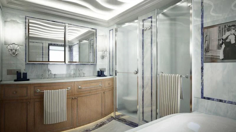 a bathroom with a shower and sink aboard DREAM Yacht for Sale
