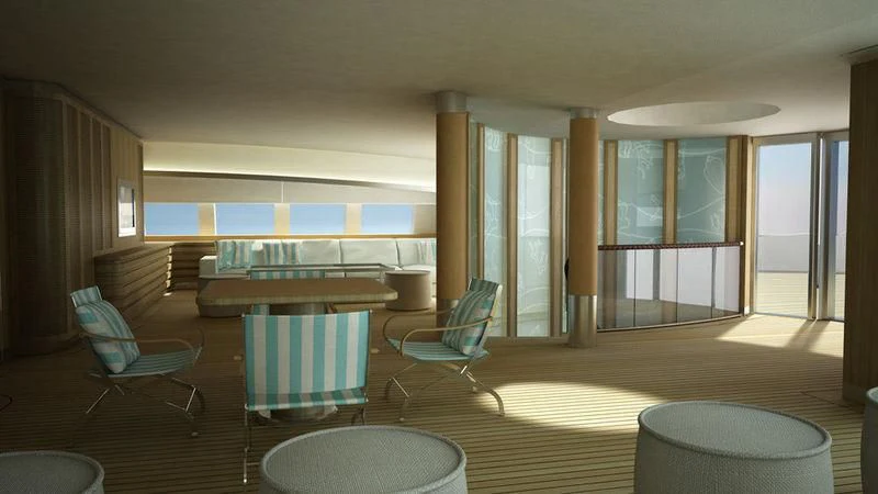 a room with chairs and tables aboard DREAM Yacht for Sale