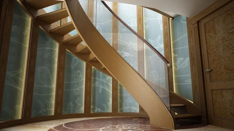 a wooden staircase with glass doors aboard DREAM Yacht for Sale