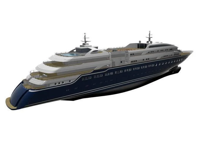a white and blue boat aboard DREAM Yacht for Sale