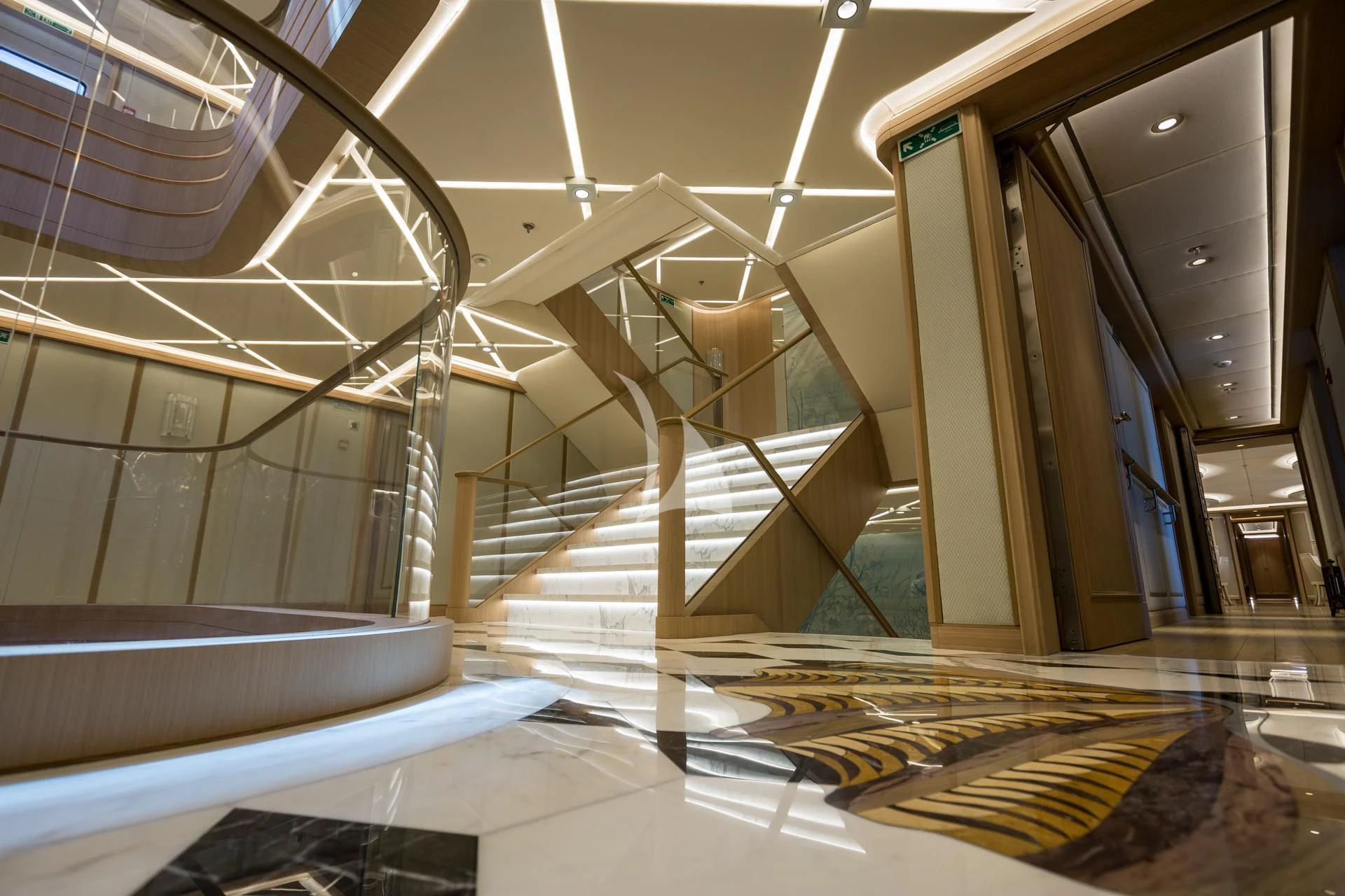 a staircase in a building aboard DREAM Yacht for Sale