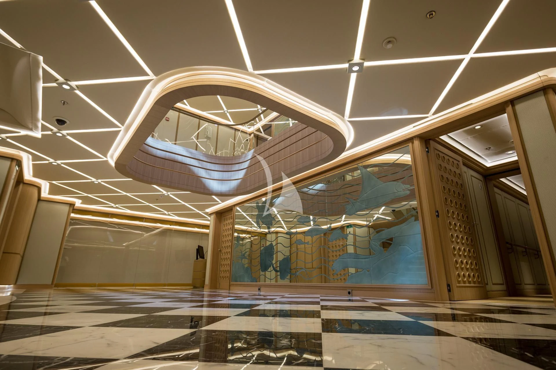 a large glass ceiling aboard DREAM Yacht for Sale