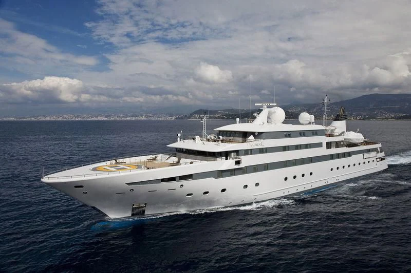 a large white ship in the water aboard LAUREN L Yacht for Sale