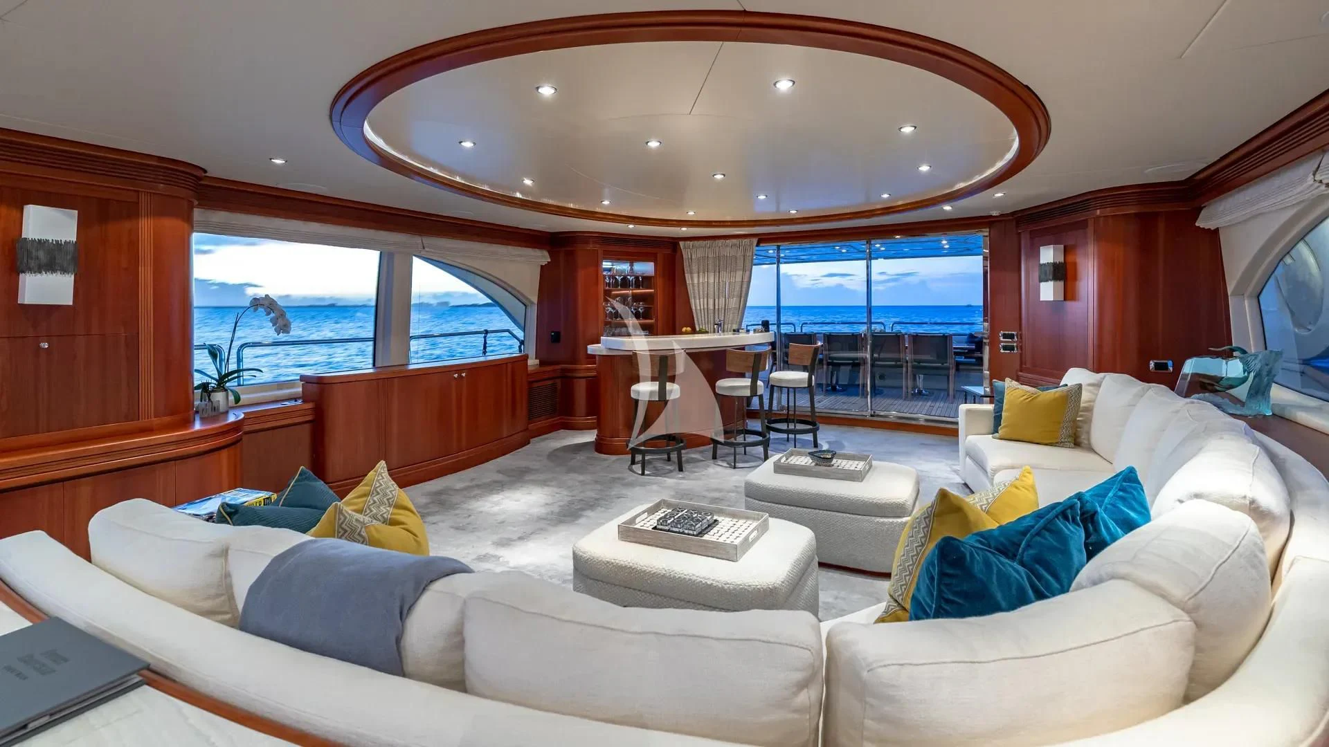 a room with a large window and a view of the ocean aboard SWEET EMOCEAN Yacht for Sale