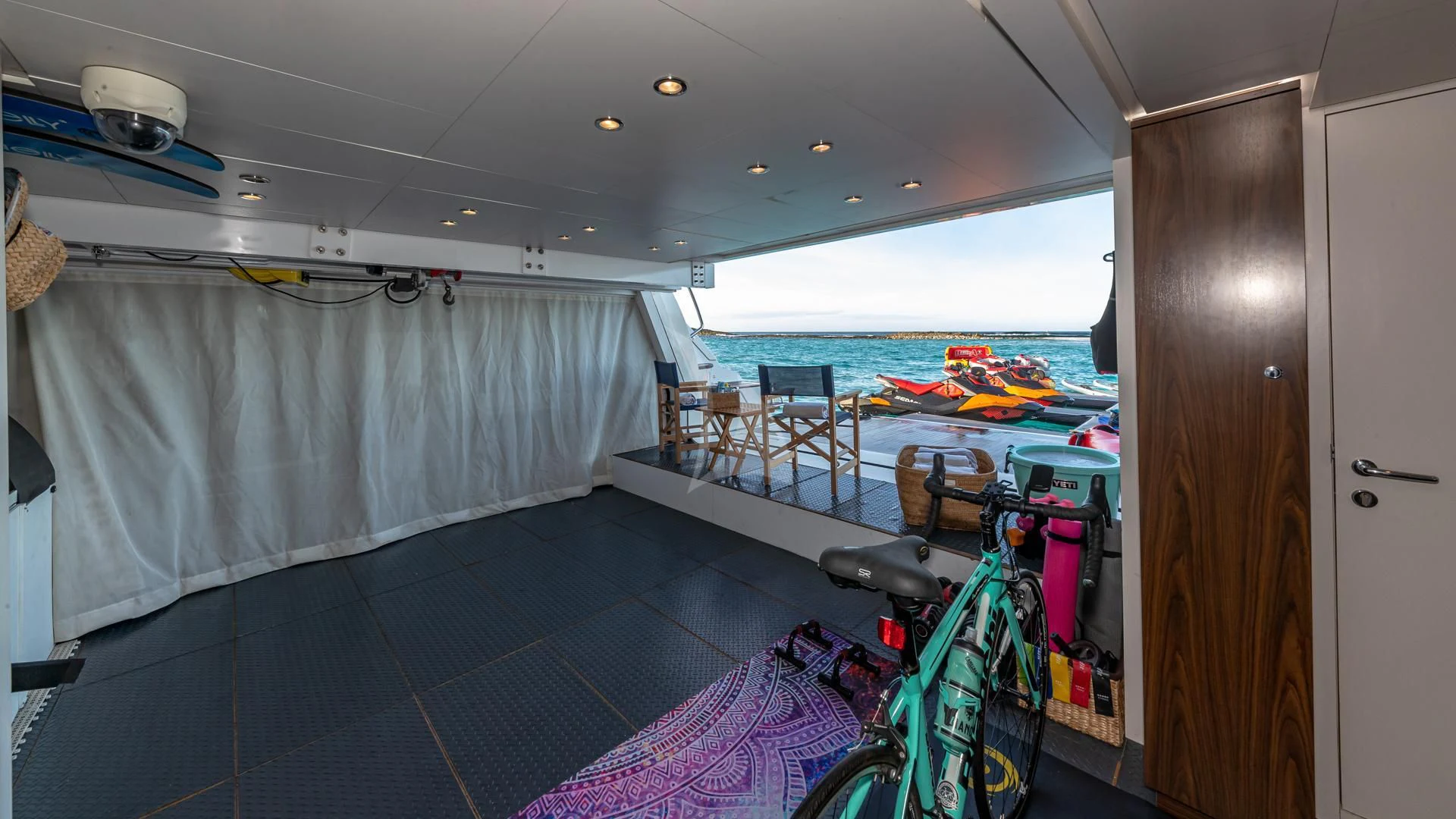 a bike rack in a tent aboard SWEET EMOCEAN Yacht for Sale