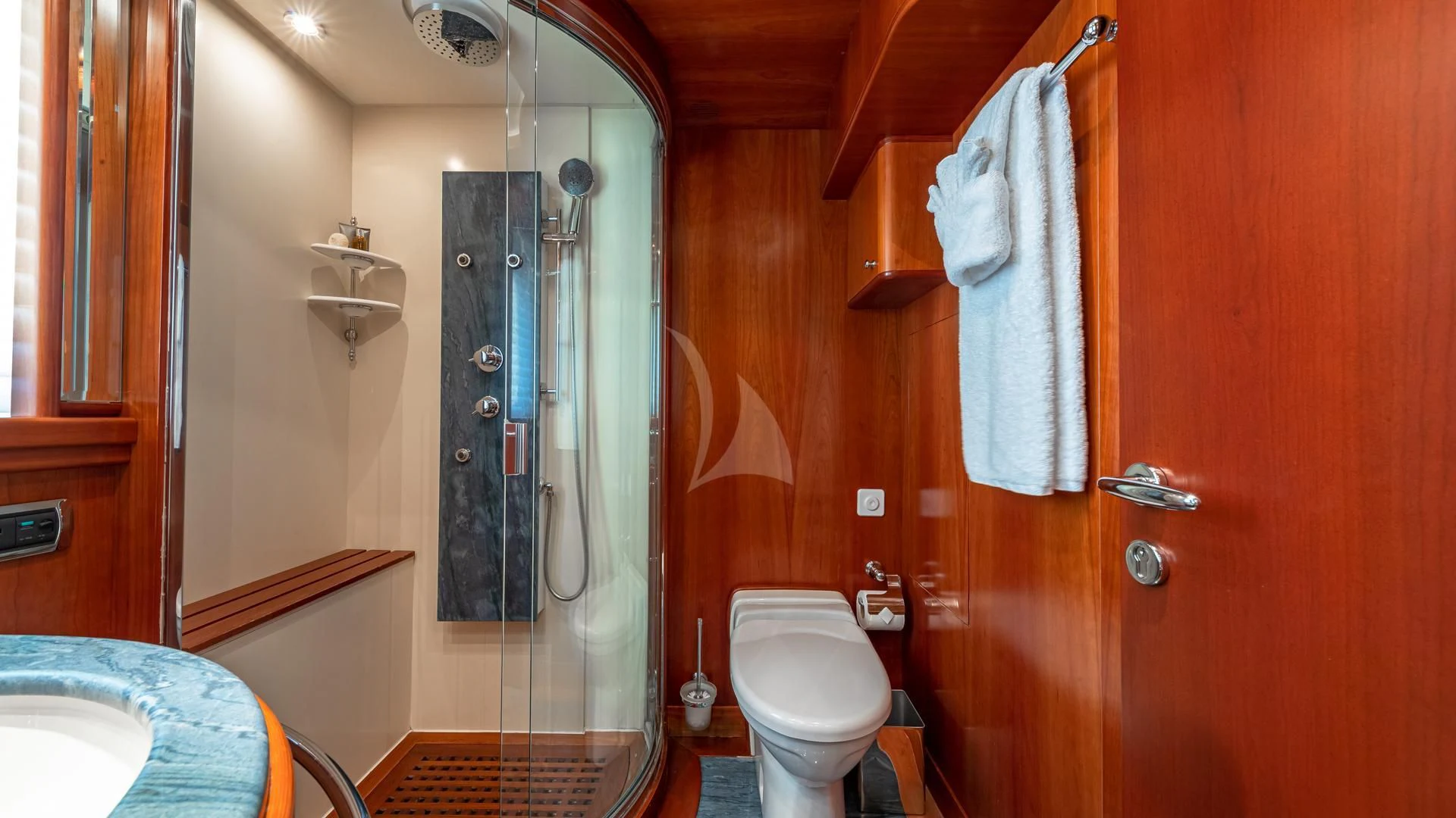 a bathroom with a shower and toilet aboard SWEET EMOCEAN Yacht for Sale
